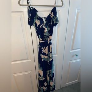 Navy blue palm leaf cold shoulder wrap dress